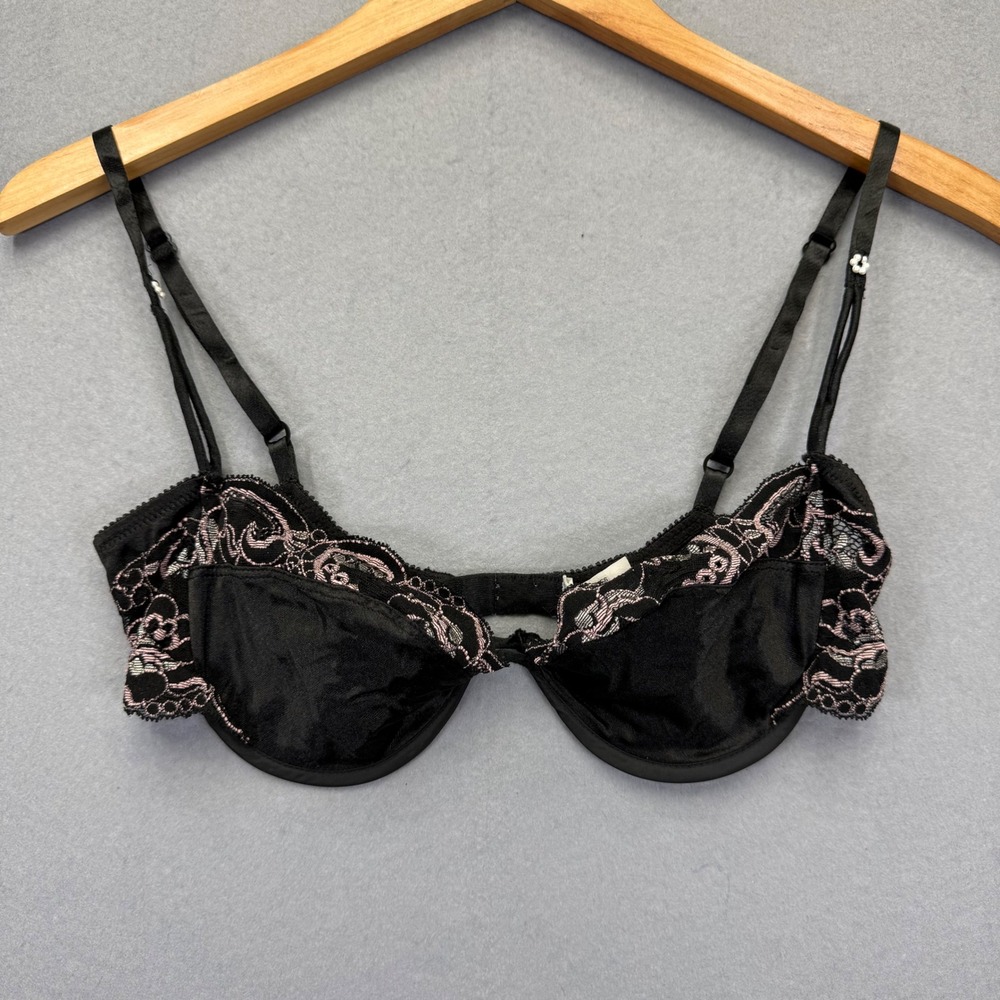 Christian Dior Vintage Black‎ Pink Lace Embroidered Underwire Demi Bra 36C USA
